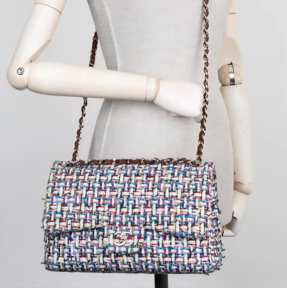 Chanel RARE TWEED Multicolor Woven Chain DOUBLE FLAP BAG-- JUMBO